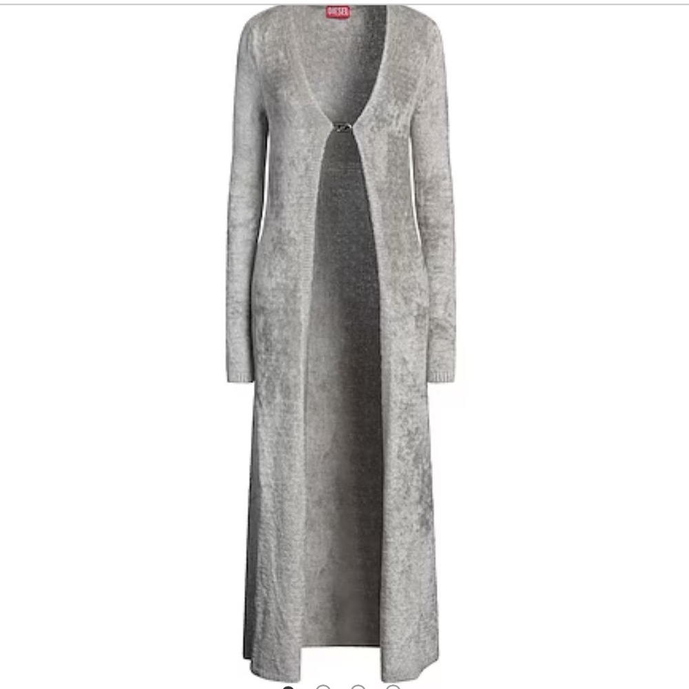 Diesel Womens Grey Fuzzy Knit Maxi Duster Cardigan Metal D Logo Buckle Size S‎ - Picture 2 of 12